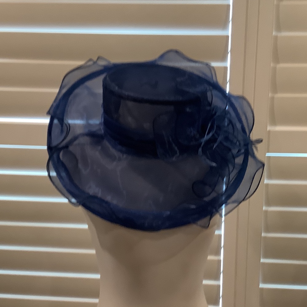 Navy Organza Wide-Brim Dress Hat for Women